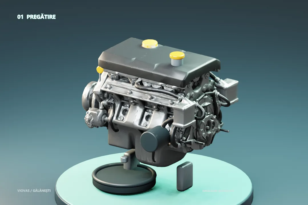 Model 3D schematic al unui motor auto pentru explicarea schimbului de ulei